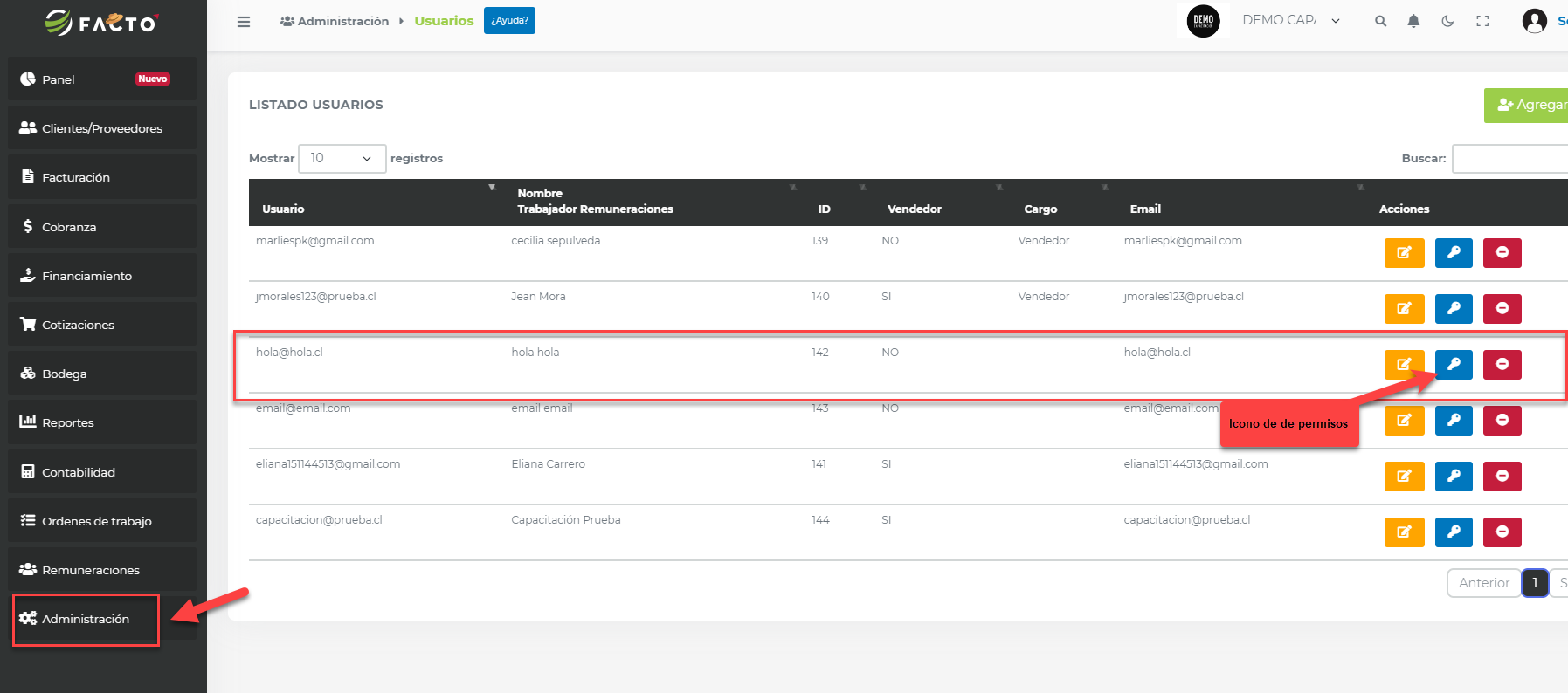 Administracion --> permisos 