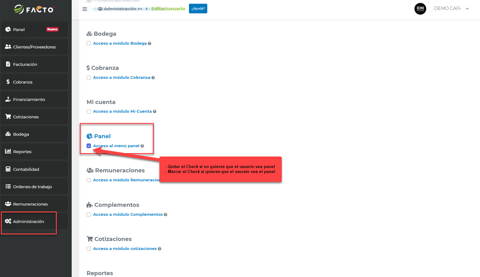 Quitar o dar permiso a panel 